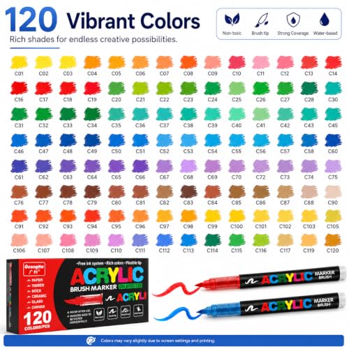Image of Amamao - 120 Colors Acrylic Paint Markers with Soft Brush Tip for Wood, Stone, Canvas, Glass, Fabric, Egg, Painting on Stones and Crafts