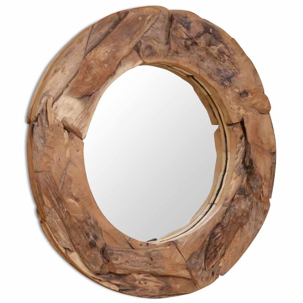 Specchio decorativo rotondo in teak, diametro 80 cm, con cornice in legno e ganci per appendere, fatto a mano, decorazione da parete per bagno, camera da letto, corridoio e soggiorno, in stile