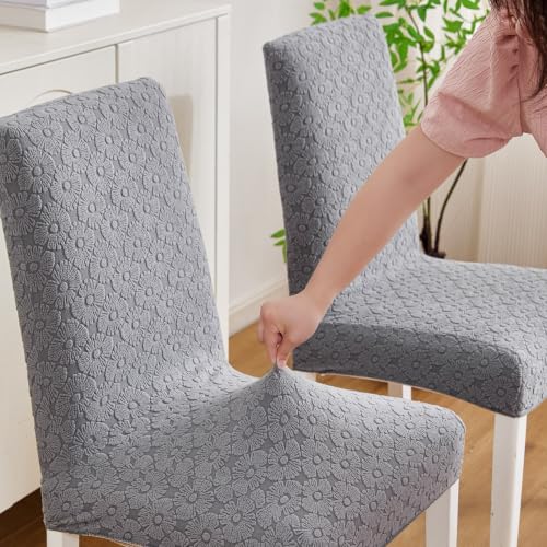 Image of HOMETHREADS Elastic Jacquard Chair Cover Stretch Removable Washable Short Dining Chair Cover Protector Seat Slipcover (D D.Grey, Pack of 1)