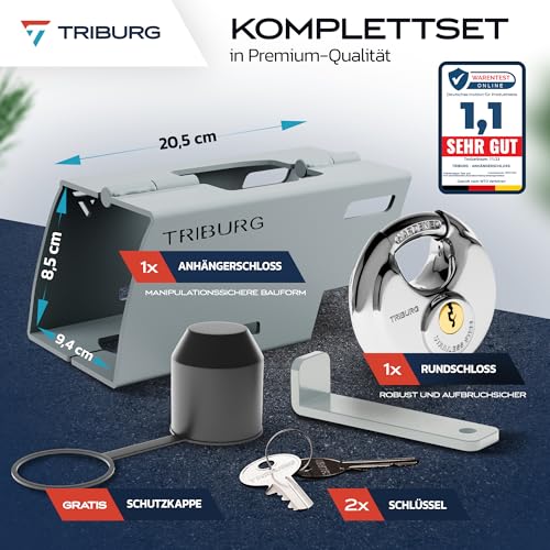 TRIBURG Anhängerschloss inkl. Rundschloss | Achtung: für Kupplungen bis max. 7cm Höhe x 9cm Breite | Sicherung für an/abgekuppelte Anhänger - Deichselschloss Rostfrei [Versicherungskonform]