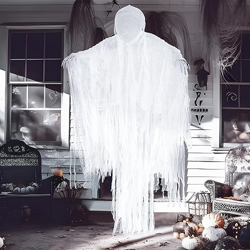 Image of JOYIN 63 inch Halloween Hanging Ghost Decorations Outdoor, White Faceless Grim Reaper in White Horror Robe for Halloween Tree Yard Party Outside Hanging Decorations Party Supplies