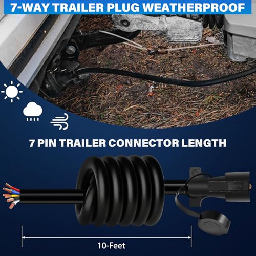 Image of 10 FT Heavy Duty 7 Way Trailer Cord Pure Copper 7 Way Trailer Plug Inline Cord 120 inch 7 Pin Trailer Wiring Harness Double Blade Molded 7 Pin Round Plug for Rvs Camper