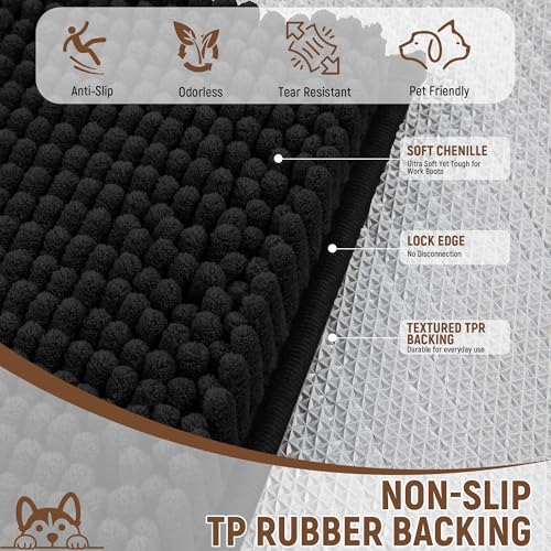 Image of Absorbent Dog Door Mat for Muddy Paws, 72 inch x 36 inch Chenille Indoor Mats for Entryway, Trap Dirt Front Door Mat Indoor Entrance Washable Non Slip Soft Black