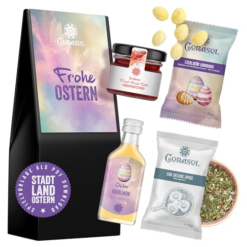 Corasol Feinkost Oster Geschenkset Frohe Ostern für Erwachsene mit Eierlikör Fruchtaufstrich Rühreigewürz & Bonbons