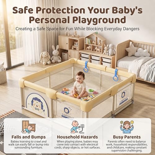 Image of StarAndDaisy Play Pen for Baby for 0-5 Years 120 x 120 cm Baby Play Area Indoor Setup with Safety Lock & Anti-Fall Grasp System | Breathable Play Pen for Kids Indoor - Yellow
