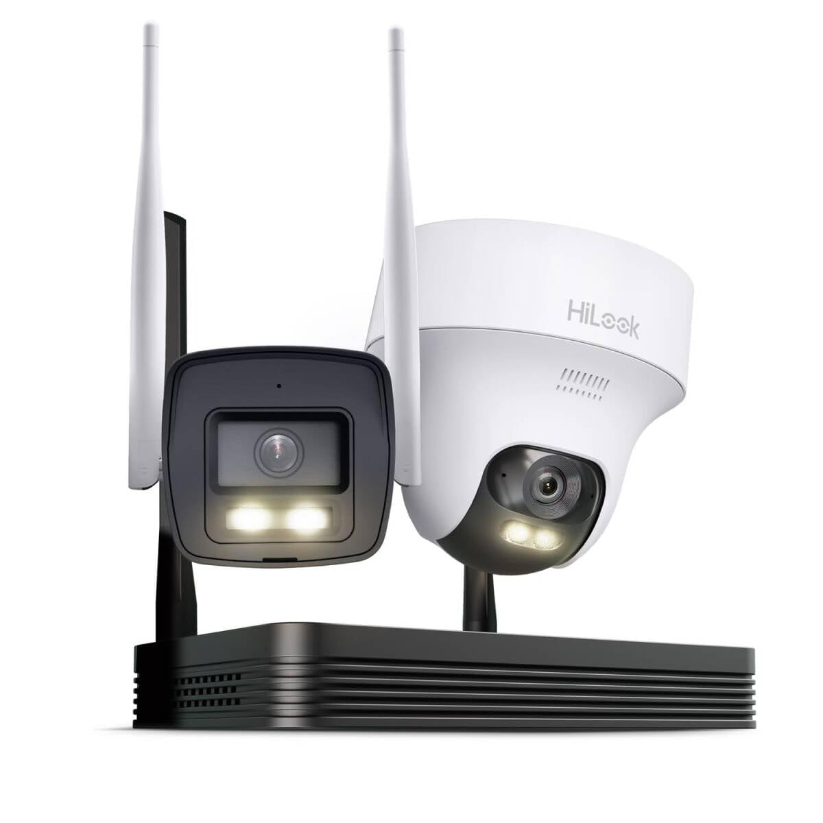 HiLook Set di telecamere di sorveglianza WLAN per esterni, bullet da 4 MP + telecamere PT Turret, WiFi NVS con slot micro SD, set completo per fotocamera esterna, riconoscimento umano e veicoli