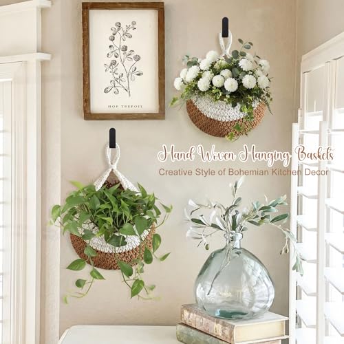 Image of Honeydak 3 Hanging Baskets, White and Beige, Teardrop, Cotton Rope