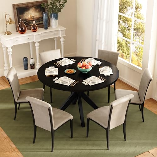 Image of Solid Wood Round Dining Table for 4-6, Wooden Intersecting Pedestal Base, Rustic Round Dining Room Table for Home Dining Room, Kitchen, Living Room