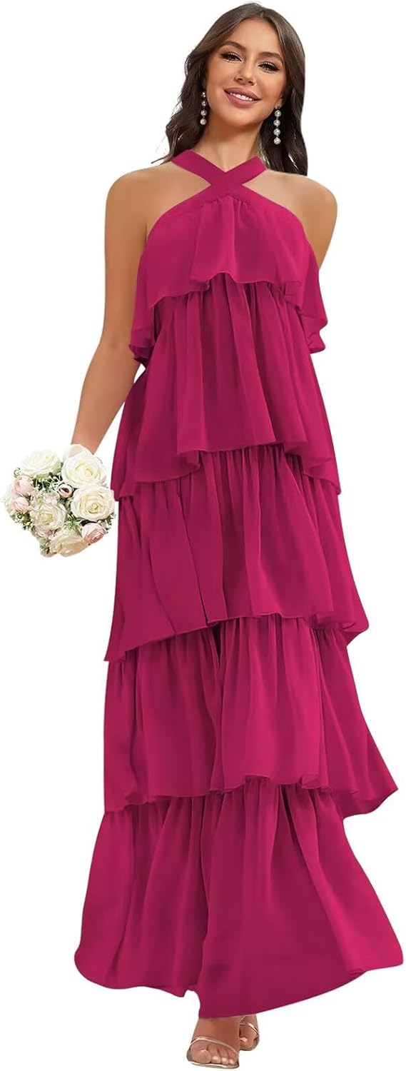 VGZ Halter Chiffon Bridesmaid Dresses for Women Tiered Ruffle Long Formal Evening Gown