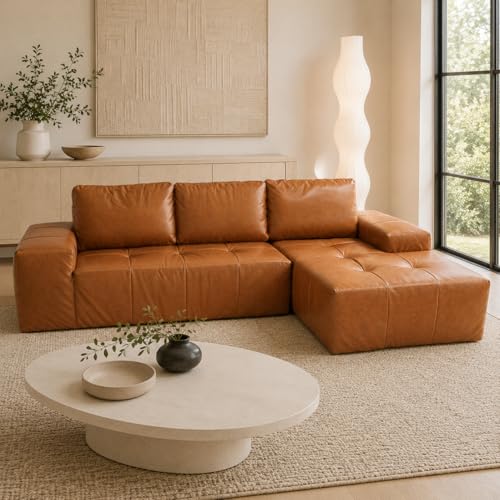 114 Boneless Sectional Couches for Living Room Brown Cloud Faux Leather Couch in a Box Modular Sectional Sofas for Living Room L Shaped Couch with Chaise Memory Foam Deep Seat Right Chaise