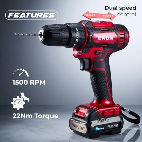 Image of Enon Cordless Impact Drill for Home Use, 12.6V, 1500RPM, 22NM Torque, Keyless Chuck 10mm, 25 Level Torque, 2 Speed Modes, 3 Functions, Single Battery 1.5Ah, 82 Pcs Drill Kit (XE-CD1610-SB)
