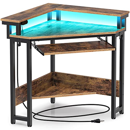 Rolanstar Corner Desk, Small Computer Desk with Power Outlets & LED Lights, Triangle corner computer desk with Keyboard Tray & Monitor Stand for Small Space, Sturdy Steel Frame for Workstation, Rustic Rolanstar Corner Desk, Small Computer Desk with Power Outlets & LED Lights, Triangle corner computer desk with Keyboard Tray & Monitor Stand for Small Space, Sturdy Steel Frame for Workstation, Rustic