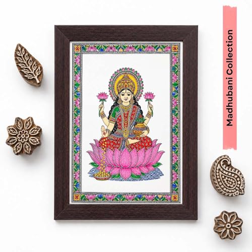 Image of PAPER PAJAMA Goddess Lakshmi Vastu Wall Art for Living Room | Madhubani Lakshmi Mata Painting on Lotus | Traditional Mithila Religious Framed Decor for Home, Office & Pooja Room (10x13 Inches)
