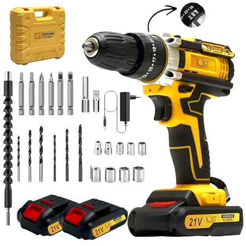 Image of XLNT 21V Cordless Impact Drill Set with 2 Batteries and Fast Charger, 3-in-1 Drill /Screwdriver /Impact Mode, 2-Speed, LED Light,10mm Chuck, Accessories Kit & Carry Case