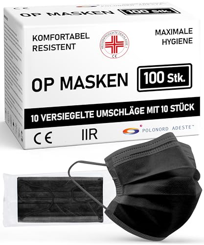 ADESTE – 100x schwarze Einweg OP Masken Typ IIR, 3-lagig, spritzwassergeschützt, konform mit UNI EN 14683:2019+AC:2019, BFE 98%