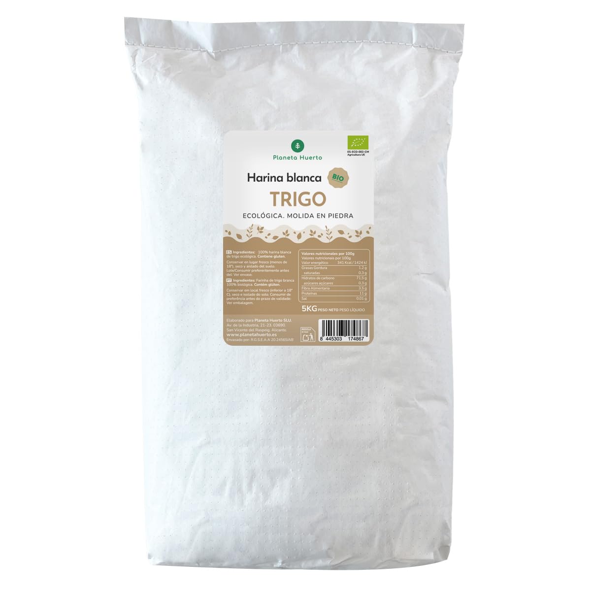 PLANETA HUERTO Harina Blanca de Trigo Eco 5 Kg Rica en Carbohidratos para Preparaciones Horneadas