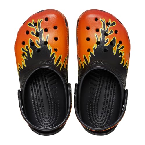 Image of Crocs Unisex Classic Clogs with Patterns and Graphics (Little Kid /Big Kid) Black /Multi Flames 11 Medium
