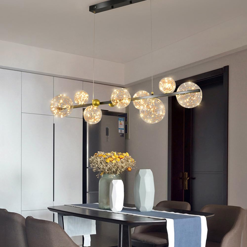 8-punktowa liniowa lampa wisząca Vintage Gold Slender Tube Linear LED Żyrandol z sznurkiem Filament Glass Ściemnialna kuchnia Farmhouse Wyspa sufitowa Lampa wisząca do jadalni Rest