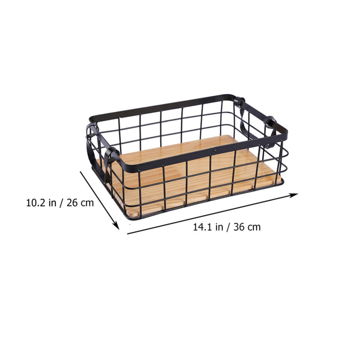 Operitacx Cesta de Hierro y Madera de Almacenamiento Rectangular Diseño Simple para Organizar Frutas y Snacks Color Negro en Cocina o Escritorio