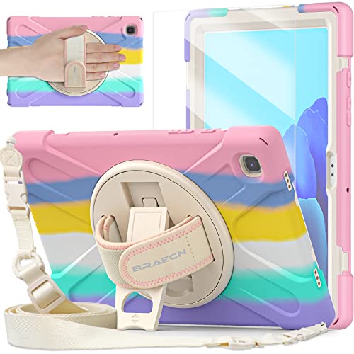 BRAECNstock for Samsung Galaxy Tab A7 10.4 inch Case 2022/2020 (SM-T500/T505/T509) with Screen Protector Shockproof Protective Tab A7 Kids Case with Rotating Stand+Hand Strap Pen Holder - Rainbow Pink