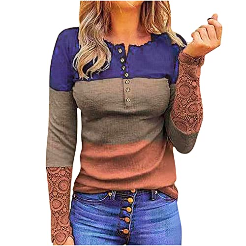 Women Tops Round Neck Pullover Top Striped Lace Hollow Out Splicing Blouse Spring Fall Long Sleeve Casual Top Orange