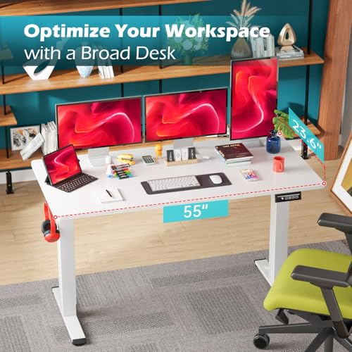 Image of PayLessHere 55 Inch Electric Standing Desk Computer Desk with Large Space and Headphone Holder Office Desk with Electric Lifting and 2 Memory Function for Office Bedroom Meeting Room,White