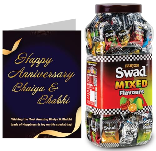 Image of Swad Happy Anniversary Bhaiya Bhabhi Gift with Card (Swad Mixed Flavours Candy 200 Jar & 1 Greeting card) 2 units