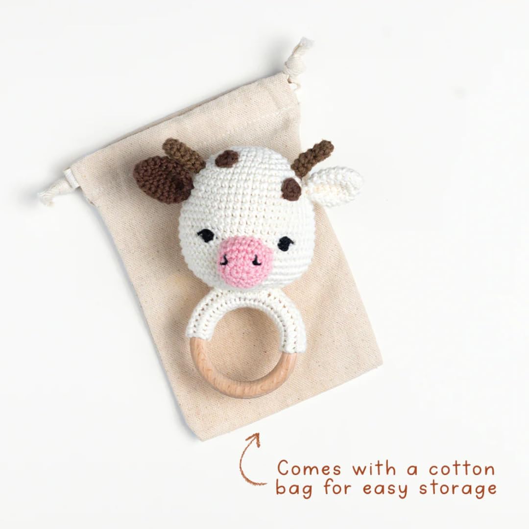 Gubbachhi Crochet & Wooden Rattle for Babies 0-6 Months | Handmade in India | Baby Rattle for Newborn Gifting | Helps Develop Motor & Sensory Skills | 100% Natural Cotton & Wood (AMBA Cow) 3