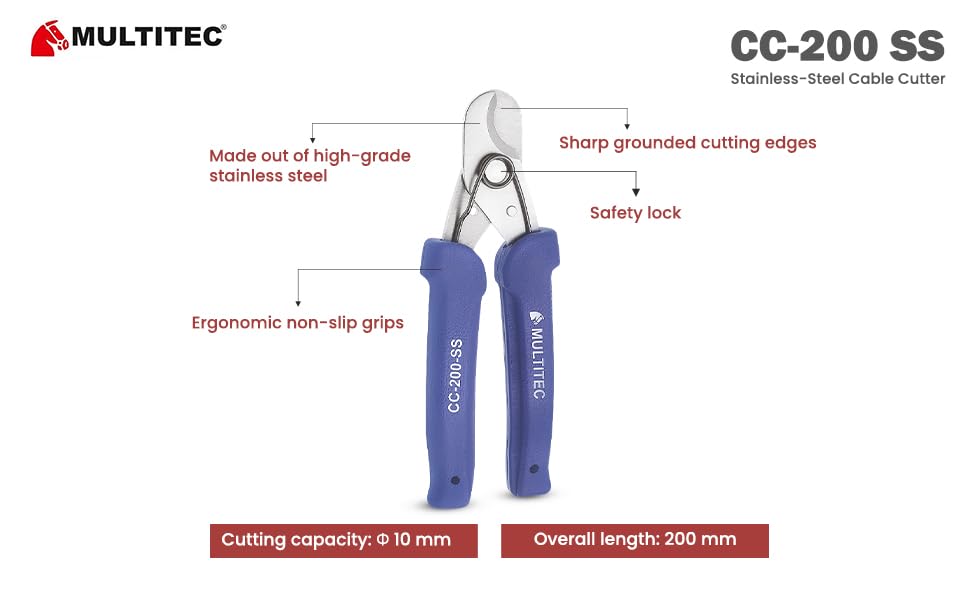 Image of MULTITEC CC-200-SS Wire Cutter & Stripper | Stainless Steel 2-in-1 Electrical Hand Tool for Home & Industrial Use | Manual Cable Stripping & Cutting Tool with Ergonomic Grip and Safety Lock