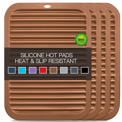 Image of 4 Pack Silicone Trivets for Hot Dishes Large 446F Heat Resistant Pot Holder Hot Pads for Kitchen 9'' x 12' Brown Silicone Trivet Mat for Hot Pots and Pans, Jar Opener, Drying Mat