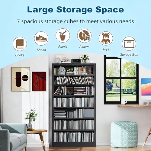 Image of 7 Tier DVD Storage Cabinet Shelf, Metal Media Storage Shelf with Adjustable Shelves, CD DVD Display Cabinet for Living Room & Home Office (Black)