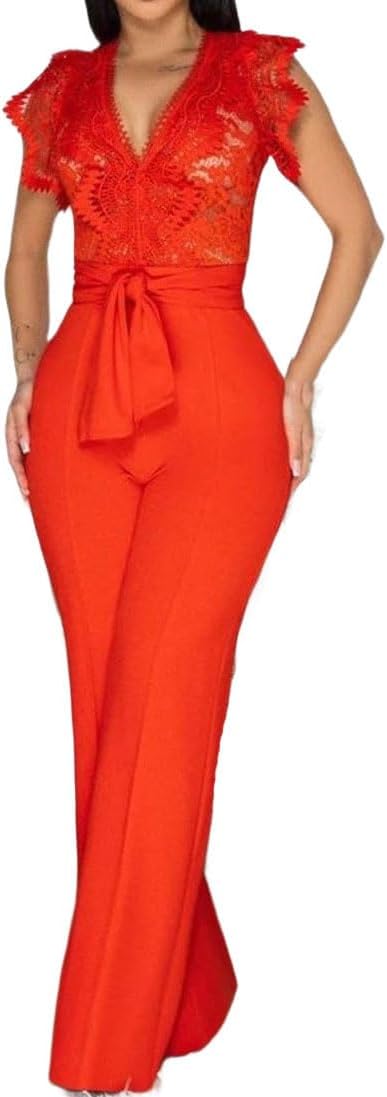 レディース Vネック ロンパース レース パッチワーク ノースリーブ