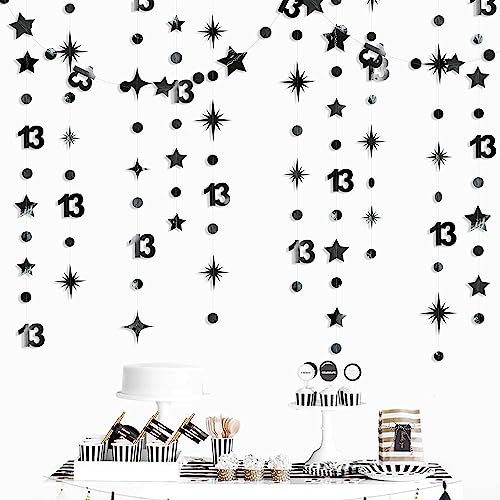 Image of Black 13th Birthday Decorations Number 13 Circle Dot Twinkle Star Garland Metallic Hanging Streamer Bunting Banner Backdrop for Girls 13 Year Old Birthday Thirteen Official Teenager Party Supplies
