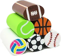 6 peças de borrachas longas para lápis de bola esportiva divertida, basquete, futebol, beisebol, tênis, vôlei, para festa de aniversário, recompensas em sala de aula, 6 estilos