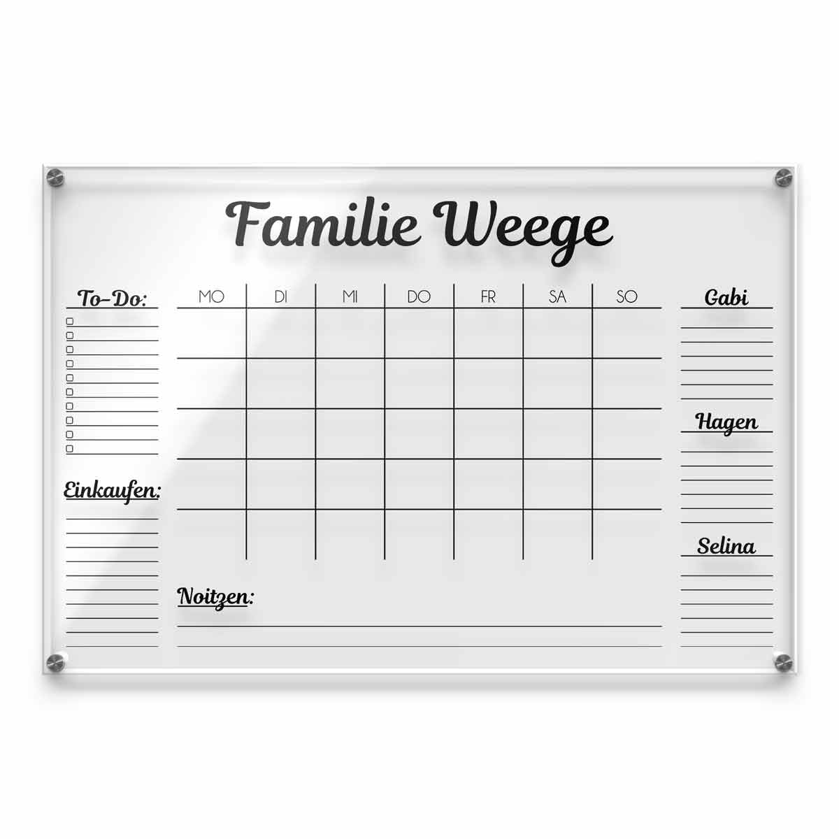 Wochenplaner personalisiert für die Familie - Acrylglas Kalender abwischbar zum beschriften - Familienplaner groß selbst gestalten - besonderes Muttertagsgeschenk Mama - ca. 60x40 cm
