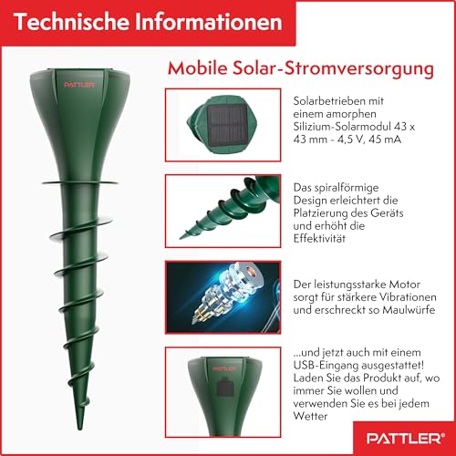 PATTLER® Maulwurf Vertreiber 4er Set - Effektiv Maulwurf vertreiben auf ca. 800m² - Flexible Verwendung durch Solarmodul - innovatives Schraubdesign erhöht Effektivität