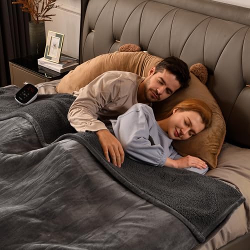 Image of Bearhug Electric Blanket Full Size, 90F-108F Fast Heating Throw with 10 Heat Levels & 1-12H Auto Shut-Off, Machine Washable Soft Velvet and Sherpa Heated Blanket for Bed or Couch, Gray