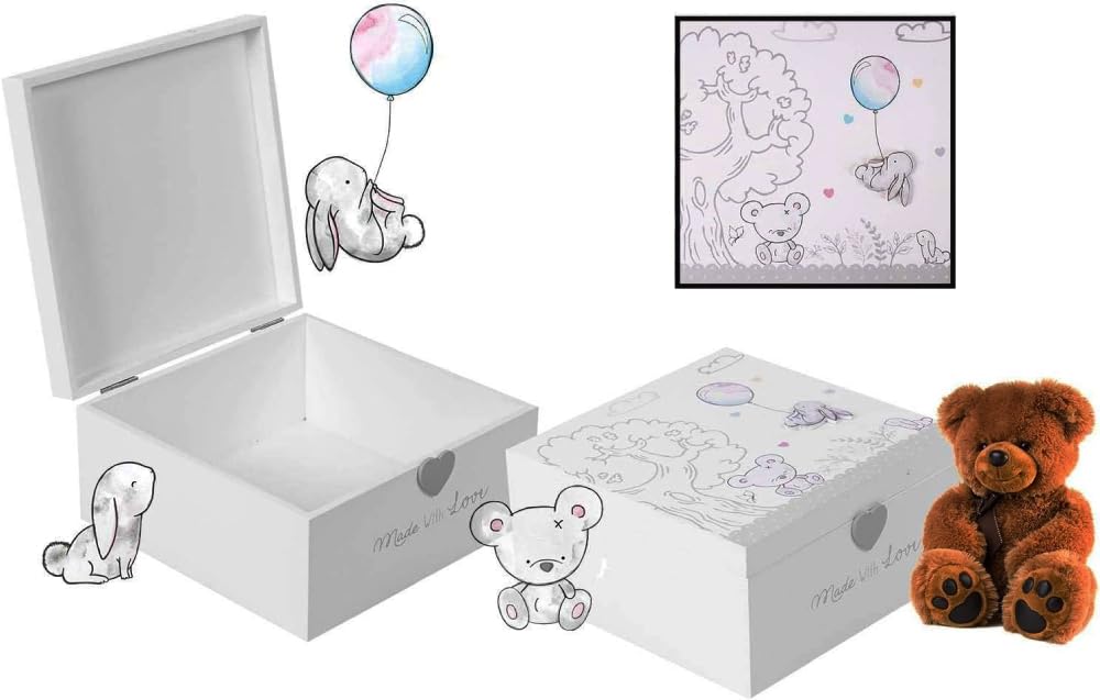 SKYTE® Wooden Memories Keepsake Box Baby Treasure Chest Newborn Gender Neutral Gift Memory Trunk Perfect Baby Shower Present, 20CM