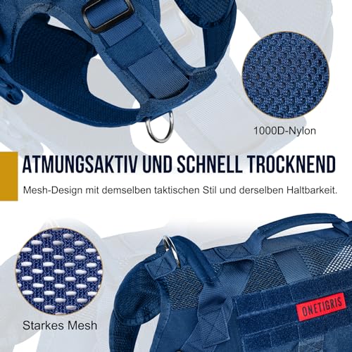 OneTigris Hundegeschirr Mittelgroße Hunde, AIRE MESH Taktisches Anti Zug Geschirr mit 2 Griff Verstellbar Brustgeschirr No Pull Dog Harness Atmungsaktiv Blau M