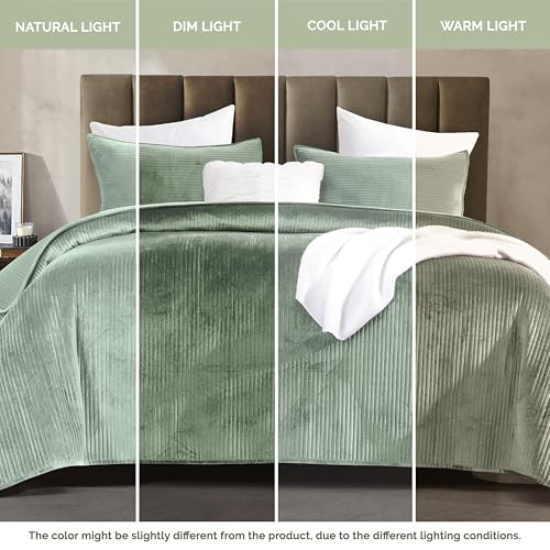 Elegant Comfort Luxury 3-Piece Velvet Corduroy Stripe Quilt Set, Ultra Soft Bedspread - Cozy Velvet Coverlet Set - 3PC Medium Weight Quilted Set with Matching Pillow Shams, King, Smoke Green