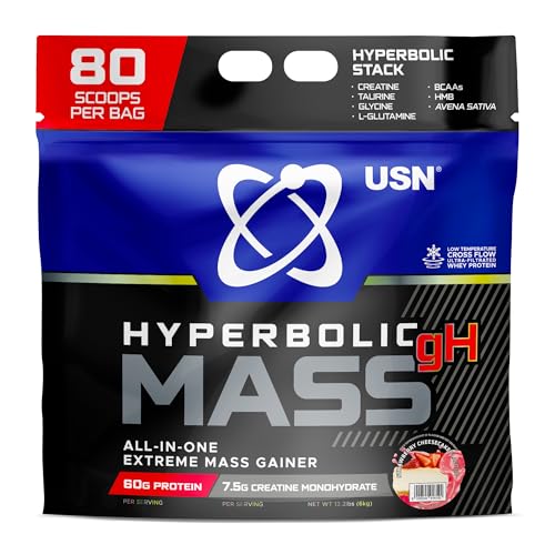 USN Hyperbolic Mass Strawberry Cheesecake 6kg: High Calorie Mass Gainer Protein Powder for Muscle Building and Weight Gain – Improved Formula & Flavour with 7.5g Creatine Monohydrate and Less Sugar