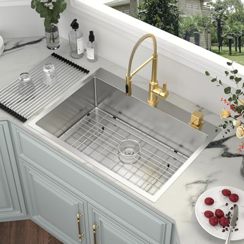 Image of Kichae 30 Inch Drop In Kitchen Sink - Stainless Steel Kitchen Sinks 30x22x9 Inch Topmount Overmount Single Bowl Handmade Basin
