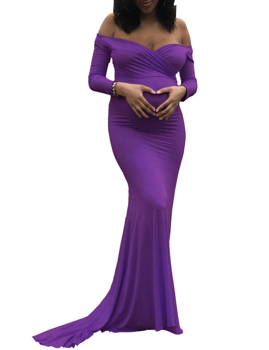 SaslaxMaternity Elegant Fitted Maternity Gown Long Sleeve Slim Fit Maxi Photography Dress