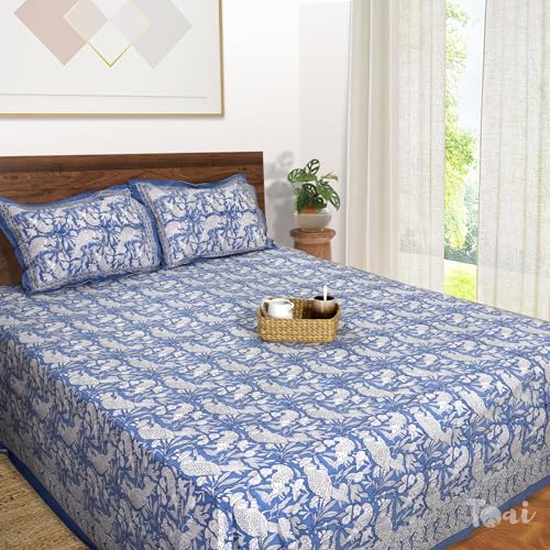 Image of TOAI Bedsheet for Double Bed King Size 108 inch x 108 inch |100% Pure Cotton 210TC | Hand Block Printed Jaipuri Bed Sheet | 2 Reversible Pillow Covers 18 inchx27 inch |Blue White Parrots