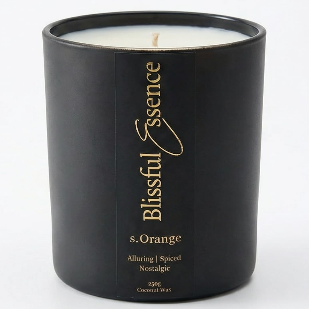 Blissful Essence Black, Gold Spiced Orange, Luxury Long Burning Scented Candles, Warm Cinnamon Spiced Candle Gift, Large Black Candle Jar, 250G 65Hr Burn |Handmade Uk