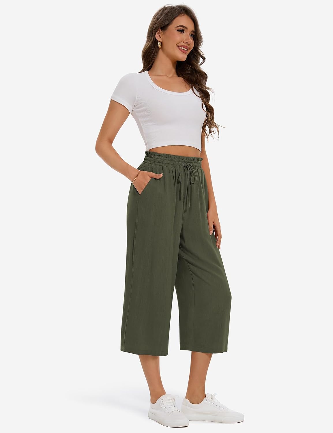 UEU Women's Linen Capris Wide Leg Ruffle High Waisted Pants Casual Drawstring Summer Loose Capri Pants with Pockets - Image 3