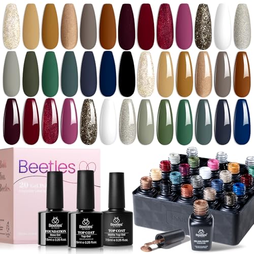 Image of Beetles Gel Nail Polish Set - Sonata Gel Polish, 20 Colors Brown Burgundy Red Green Glitter Soak Off UV LED Gel Polish Kit with Base Coat Glossy Matte Top Coat Manicure Gift for Women