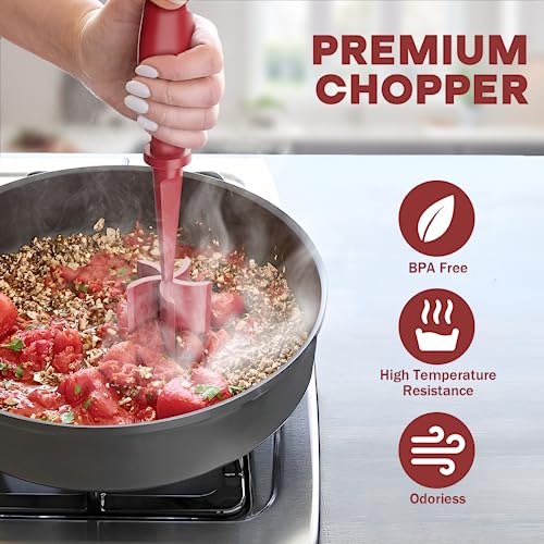 Image of Meat Chopper, Upgrade Hamburger Smasher, Premium Heat Resistant Meat Masher for Ground Beef, Ground Turkey and More, Non Stick Mix Grinder-Red | Heat Resistant, 5 Nylon Blade, Burger Grinder Potato Mix Tool, Meat & Poultry Tenderizers, Dishwasher Safe, Red