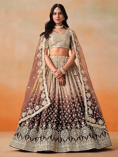 Image of Zeel Clothing Women Georgette Semi stitched Sequins Zari Embroidered Lehenga Choli With Dupatta (7086-Latest, Free size)