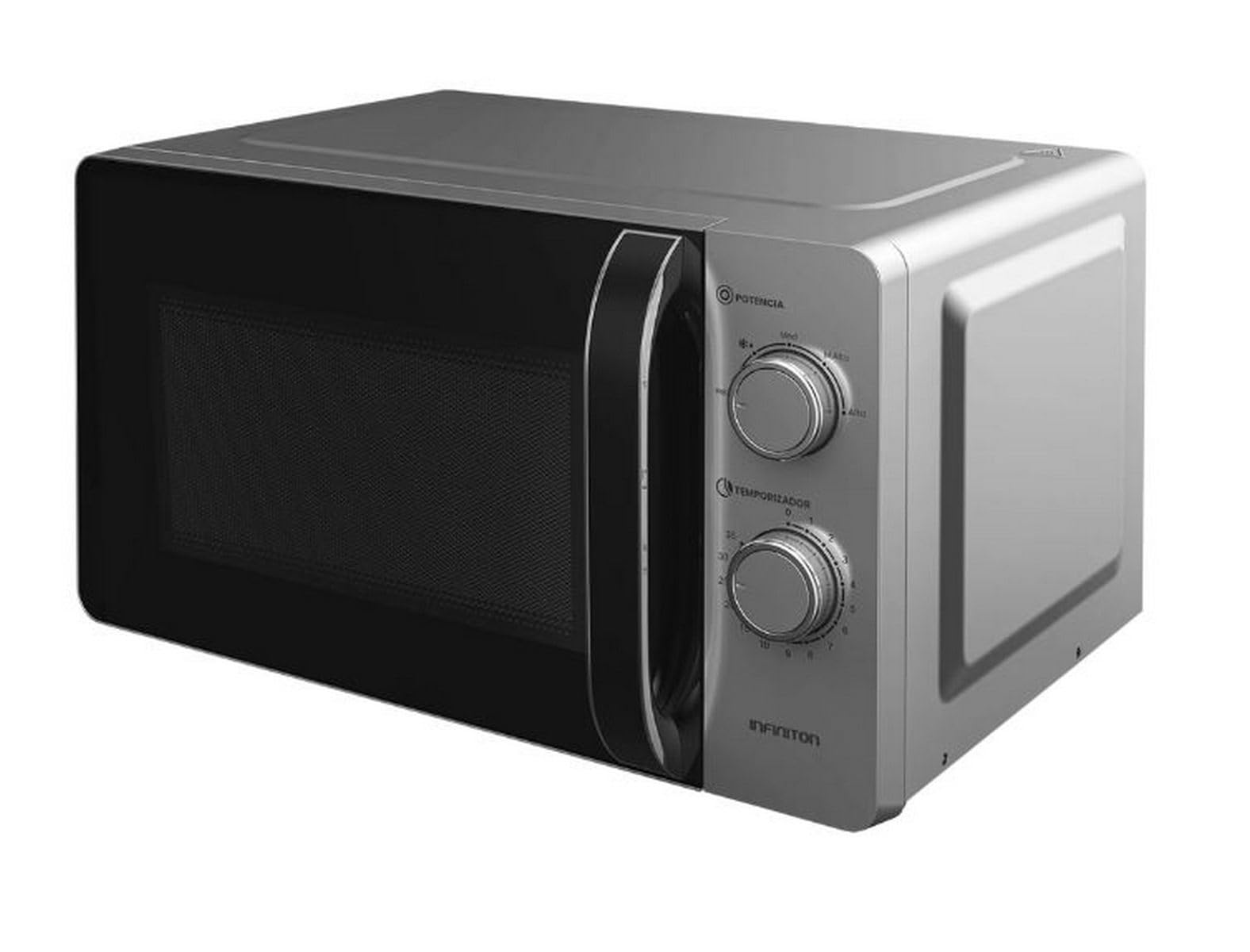 INFINITON Microondas MW-HS2070, 20 Litros, 700 W, Temporizador de 0 a 35 minutos, Función DEFROST, Apertura de puerta con tirador, Plata